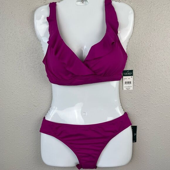NWT Lauren Ralph Lauren Magenta Two Piece Swim Suit Size 10 - Picture 1 of 6